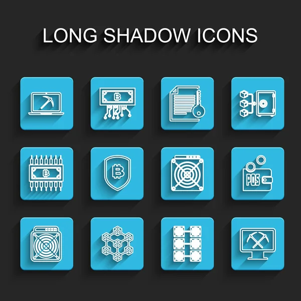 集生产线Asic Miner 锁链技术 带有笔记本电脑和镐的采矿 监视器 盾牌比特币 股份证明和图标为一体 — 图库矢量图片