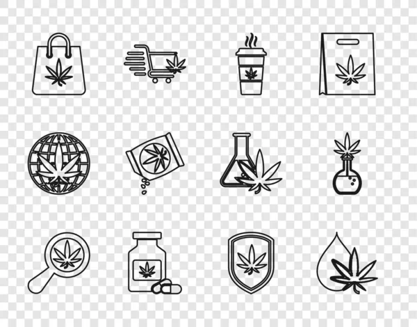 设置线放大镜和大麻 大麻或大麻叶油 杯咖啡与 购物袋 盾牌和试管图标 — 图库矢量图片