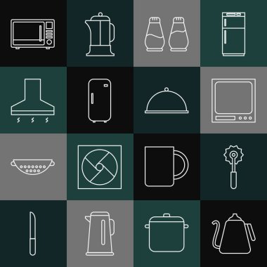 Kettle 'ı sapı, pizza bıçağı, elektronik pullar, tuz biberi, buzdolabı, mutfak vantilatörü, mikrodalga fırın ve kaplanmış tepsi ikonu ile ayarla. Vektör