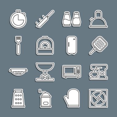 Hat havalandırması, elektrikli mikser, kızartma tavası, tuz ve biber fırın, çatal, mutfak zamanlayıcısı ve buzdolabı ikonu. Vektör