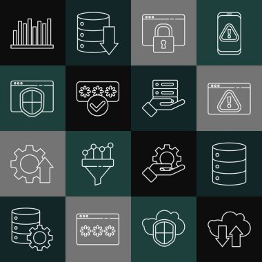 Satır indirme ve yükleme, Sunucu, Data, Web Sunucu, Ünlem işaretiyle Tarayıcı, HTTPS, SSL, Parola koruması, kalkan, Pie grafik bilgisi ve simgesini güvence altına alın. Vektör