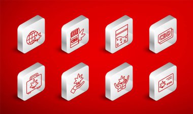 Takvim ve marihuana yaprağı, tıbbi şişe, plastik torba esrar, kenevir molekülü, marihuana veya, dünyayı yasallaştırma ve alışveriş kutusu ikonu. Vektör