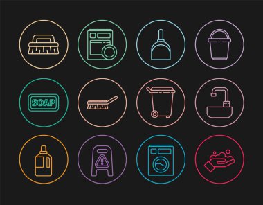 İpi, sabunla yıkama, lavabo musluğu, faraş, temizlik fırçası, çöp tenekesi barı ve bulaşık makinesi ikonu ile dizin. Vektör