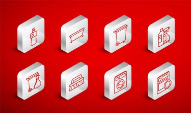 Hat çizgisi bulaşık makinesi, küvet, çöp tenekesi, temizlik malzemesi şişeleri, çamaşır makinesi, bulaşık deterjanı, bulaşık deterjanı, fırça ve çöp poşeti ikonu. Vektör