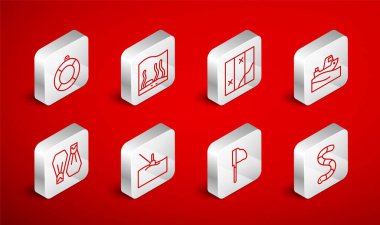 Hat Worm, Akvaryum, Katlanmış harita, suda balıkçı teknesi, balık ağı, Lifebuoy, yüzme ikonu için yüzen yüzgeç ve lastik yüzgeçler. Vektör