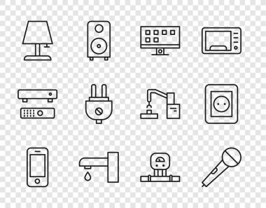 Smartphone, Mikrofon, TV, Su musluğu, Masa lambası, Elektrik prizi, sensör ve Elektrik prizi simgesi ayarla. Vektör