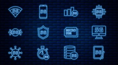 5G, Monitor ağı, Koruyucu kalkan, Micro Sim Card ve Mobil simge ile çizgi grafiksel tableti ayarla. Vektör