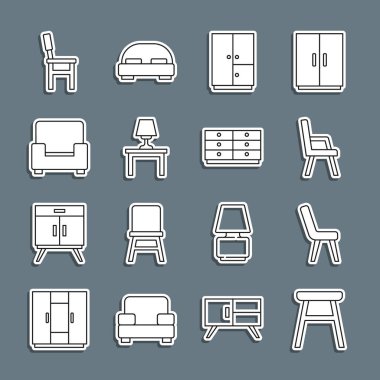 Sıralı sandalye, Kol Sandalyesi, Gardırop, Masa lambası ve Çekmece Simgesi. Vektör