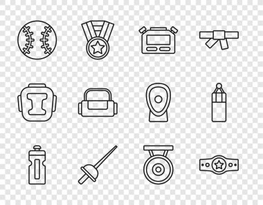 Set hattı fitness sallayıcısı, boks kemeri, Stopwatch, eskrim, beyzbol topu, spor çantası, Gong ve Yumruk ikonu. Vektör