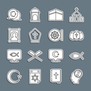 Yin Yang, Hristiyan balığı, Paskalya yumurtası, Kabe camisi, Papa şapkası, ikon, yıldız ve hilal ve Dharma tekerleği ikonu. Vektör