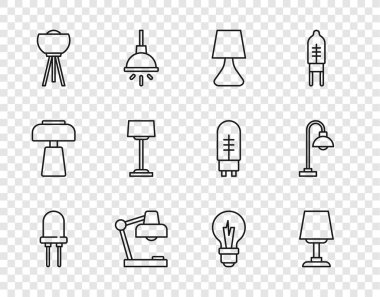 Işık yayan diyot, masa lambası, zemin, ampul ve simgeyi ayarla. Vektör