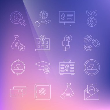 Dolar sembollü zarf, altın külçeler, bozuk para, monitör, banka binası, para çantası ve iş adamı zihin ikonu. Vektör
