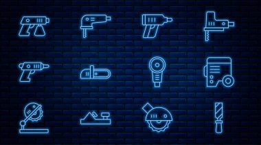 Hattı ayarla Rasp metal dosya, elektrik jeneratörü, elektrik kablosuz tornavida, elektrikli testere, boya sprey tabancası, açı öğütücü ve yapboz ikonu. Vektör