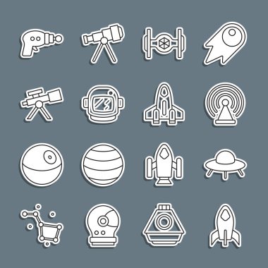 Roket gemisi, UFO uçan uzay gemisi, Radar, Kozmik, Astronot miğferi, Teleskop, ışın tabancası ve ikon. Vektör