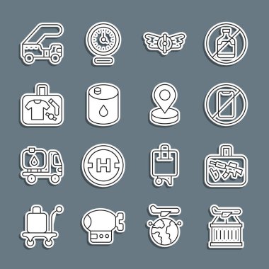 Uçak, bavul, cep telefonu, havacılık amblemi, varil yağı, yolcu merdiveni ve konum simgesi yok. Vektör