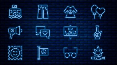 Marihuana marihuanası, esrar, nargile, barış damgası, konuşma balonu sohbeti, megafon, hippi karavanı, savaş yok ve kot pantolon geniş simgesi. Vektör