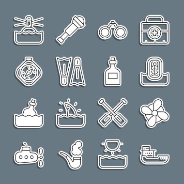 Kargo gemisi, tekne pervanesi, çapalı konum, dürbünlü dürbünlü yüzme, pusula, deniz feneri ve rom şişesi ikonu. Vektör