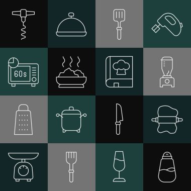 Hat tuzu, hamurun üzerinde Rolling pin, blender, barbekü spatulası, bir kase sıcak çorba, mikrodalga fırın, şarap tirbuşonu ve yemek kitabı ikonu. Vektör