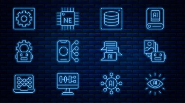Yapay zeka, robot, sunucu, veri, sinirsel ağ, robot ayarı, bilgisayar api arayüzü, sohbet ve işlemci simgesi ayarla. Vektör