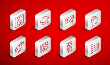 Satır Bayrağı, Mezuniyet Başlığı, Merhaba farklı dillerde, İçinde ekipman olan kafa, Çevrimiçi çevirmen, Video altyazı, Yabancı İnternet çalışması ve yabancı simge öğrenme. Vektör