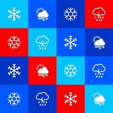 Kar Tanesi 'ni, Rüzgarlı Hava' yı ve Bulut 'u yağmur ve şimşek simgesiyle ayarla. Vektör.