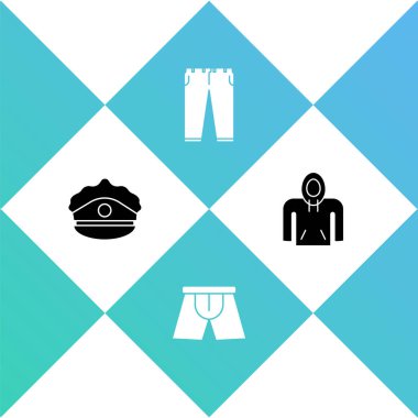 Polis şapkası, papağan, erkek iç çamaşırı, pantolon ve kapüşonlu simge koyun. Vektör.