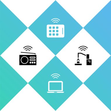Akıllı radyo, kablosuz laptop, tablet ve robot kol fabrikası ikonu ayarla. Vektör.