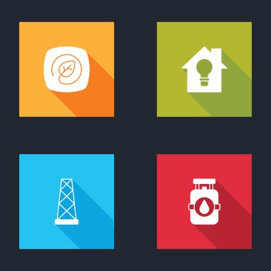 Konumu yaprak, akıllı ev ve ampul, anten ve propan benzin deposu ikonu ile ayarla. Vektör