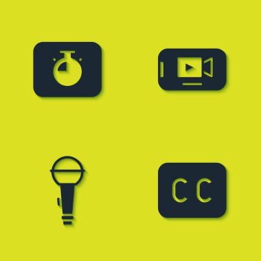 Stopwatch, Subtitles, Microphone ve Online playplay video simgesini ayarla. Vektör