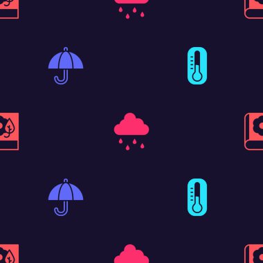 Termometreyi, Şemsiyeyi, Bulutu yağmurlu ve bitkisel ortama göre ayarla. Vektör