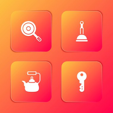 Kızartma tavası, plastik pompa, saplı kettle ve ev anahtarı simgesini ayarla. Vektör