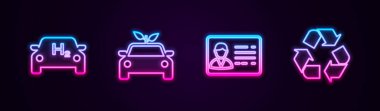 Hidrojen arabası, eko konsept sürücü, kimlik kartı ve geri dönüşüm sembolü. Parlayan neon ikonu. Vektör.