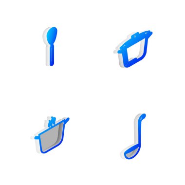 Isometric hattını, yemek pişirme kabını, mutfak çırpıcısını ve kepçe simgesini ayarla. Vektör.