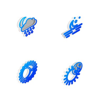 Isometric çizgisi Ay ve yıldızlar, Bulut ve yağmur ayı, Güneş tutulması ve ikon. Vektör.