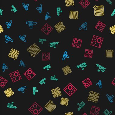 Hat testeresi, döner çekiç matkabı, elektrikli ısıtıcı ve gaz sobası. Vektör.