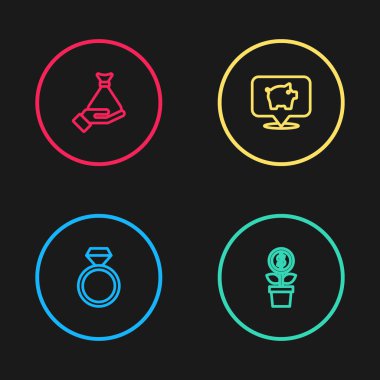 Elmas nişan yüzüğü, dolar fabrikası, domuz kumbarası ve para el ikonu. Vektör