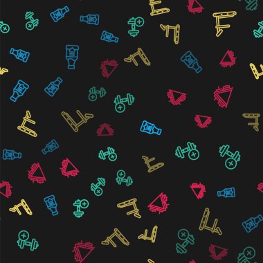 Vitaminler, Dumbbell, Koşu bandı ve Metal rafları kusursuz desenli. Vektör