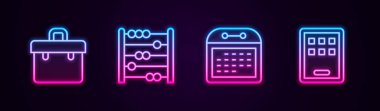 Çanta, abaküs, takvim ve grafiksel tableti ayarla. Parlayan neon ikonu. Vektör