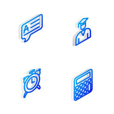 Isometric hattını Mezuniyet şapkası, Konuşma baloncuklarını Yanıt, Alarm saati ve Hesap Makinesi simgesi ile ayarla. Vektör