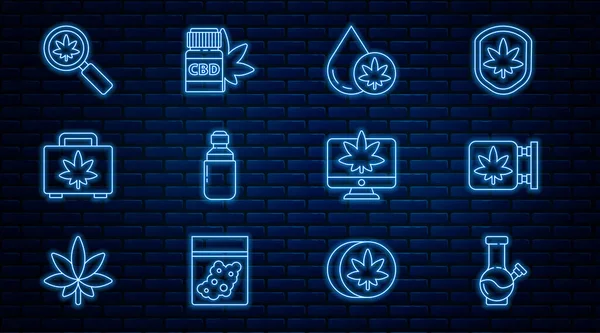 Marihuana, marihuana ve kenevir dükkanı, zeytin yağı, alışveriş kutusu, büyüteç, monitör ve ikonlu tıbbi şişe için cam bong hattı kurun. Vektör