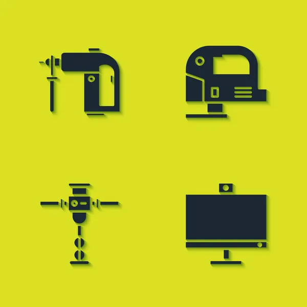 Set Perceuse Marteau Rotative Moniteur Ordinateur Marteau Piqueur Construction Icône — Image vectorielle