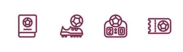ラインを設定するサッカーの学習本 スポーツ機械的なスコアボード 靴やサッカーチケットのアイコン ベクトル — ストックベクタ