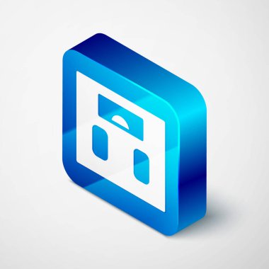 Gri arkaplanda izole edilmiş Isometric Banyo Ölçekleri simgesi. Ağırlık ölçme ekipmanı. Ağırlık ölçeği spor konsepti. Mavi kare düğme. Vektör