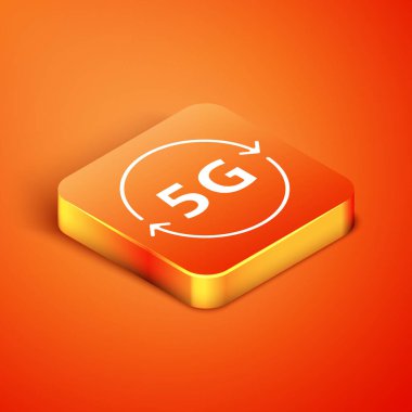 Isometric 5G yeni kablosuz internet kablosuz bağlantı simgesi turuncu arkaplanda izole edildi. Küresel ağ yüksek hızlı bağlantı veri oranı teknolojisi. Vektör