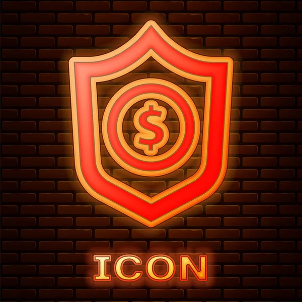 Zářící neonový štít s ikonou symbolu dolaru izolovaný na pozadí cihlové zdi. Ochranný štít. Koncept zabezpečení peněz. Vektor. — Stockový vektor