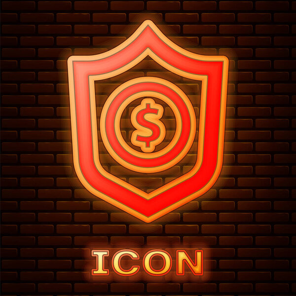 Glowing neon Shield with dollar symbol icon isolated on brick wall background. Security shield protection. Money security concept. Vector.