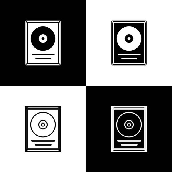 Définir le prix du disque CD dans l'icône cadre isolé sur fond noir et blanc. Cérémonie moderne. Meilleur vendeur. Trophée musical. Vecteur — Image vectorielle