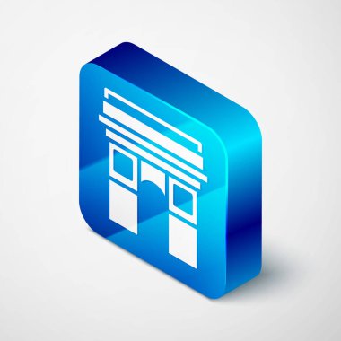 Gri arkaplanda Isometric Triumphal Kemer simgesi izole edildi. Fransa, Paris 'in simgesi. Mavi kare düğme. Vektör