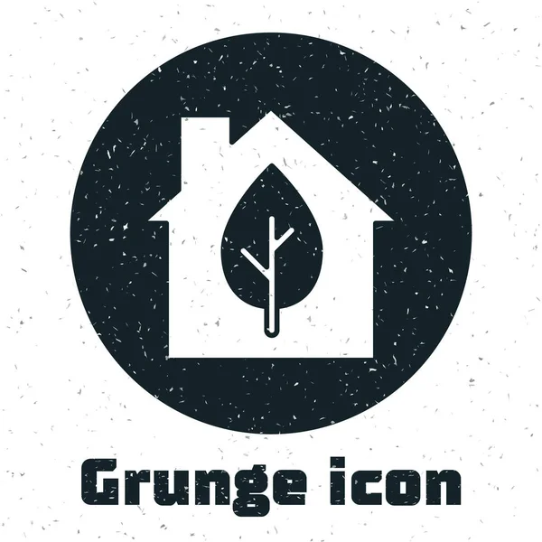 Grunge Eco icono de la casa amigable aislado sobre fondo blanco. Eco casa con hoja. Dibujo vintage monocromo. Vector — Vector de stock