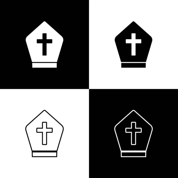 Set Pope hat icon isolated on black and white background. Christian hat sign. Vector — Stock Vector